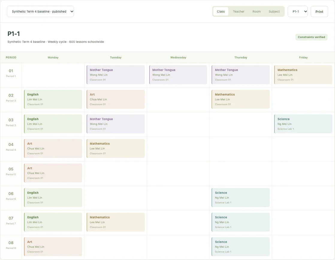 SchoolOps timetable view using synthetic school data
